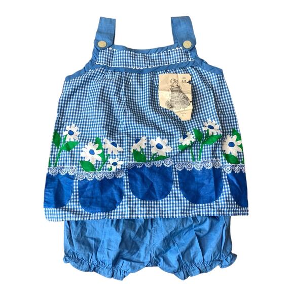 Greencraft Dead stock‎ VINTAGE Baby Doll PJ 2 pc set blue plaid floral MEDIUM 12 - Picture 1 of 8